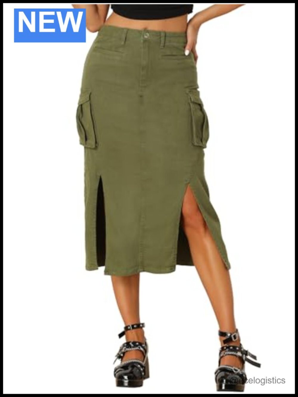 Cargo Midi Skirt with Slit High Waist Cotton Blend Pockets
